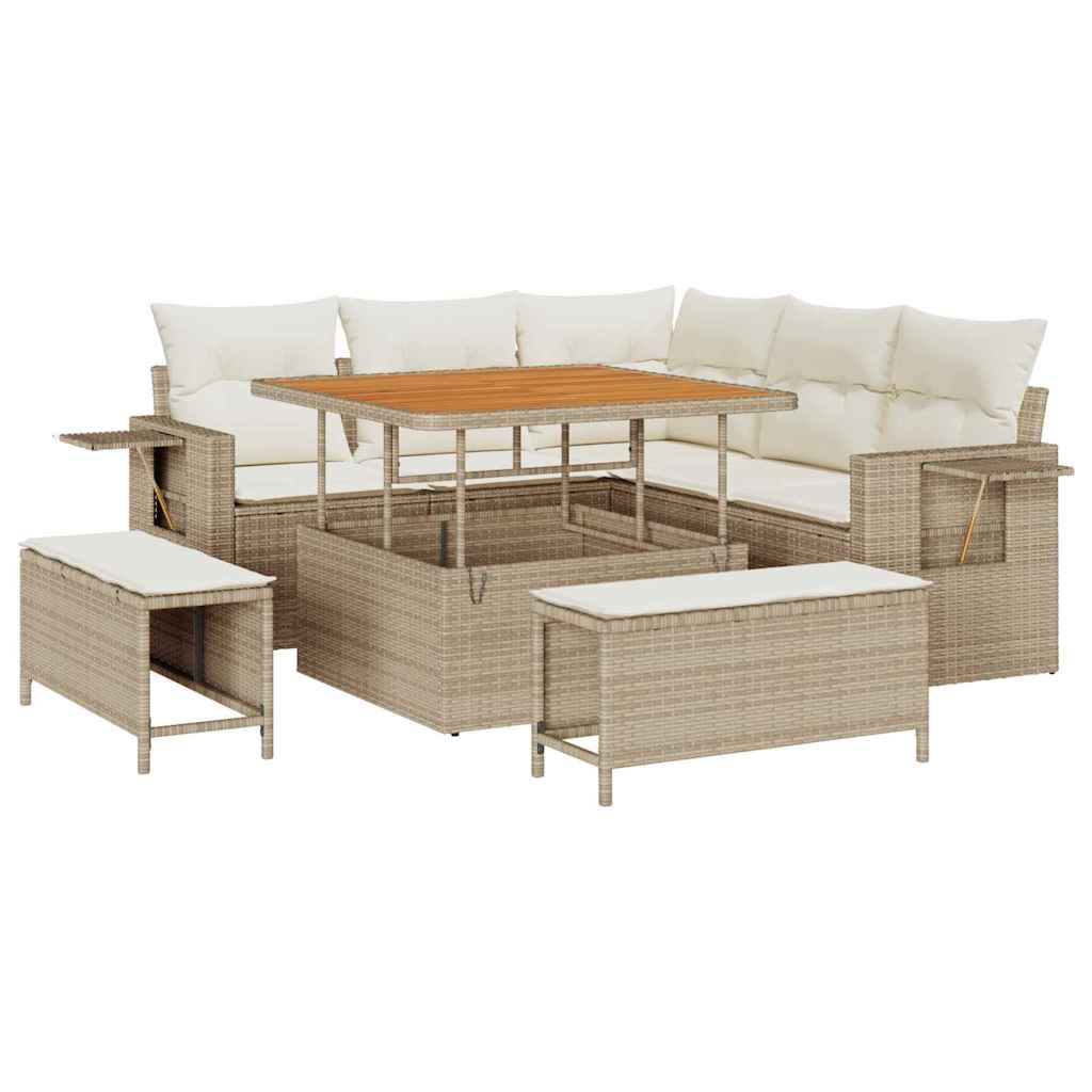 Gartensofa-set mit Kissen 9 pcs Beige und Creme Poly-Rattan