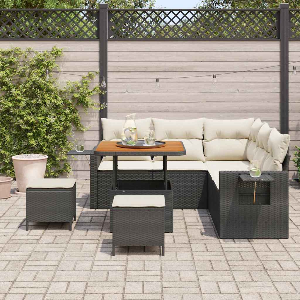Gartensofa-set mit Kissen 9 pcs Schwarz und Creme Poly-Rattan