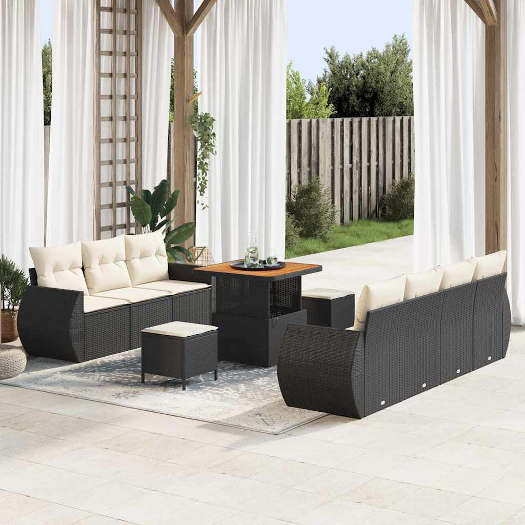 Gartensofa-set mit Kissen 10 pcs Schwarz und Creme Poly-Rattan