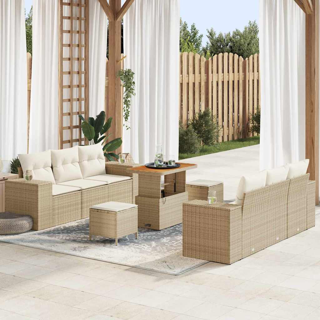 Gartensofa-set mit Kissen 9 pcs Beige und Creme Poly Rattan