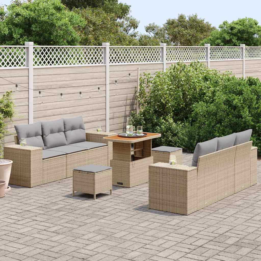 Gartensofa-set mit Kissen 9 pcs Beige und Hellgrau Poly Rattan