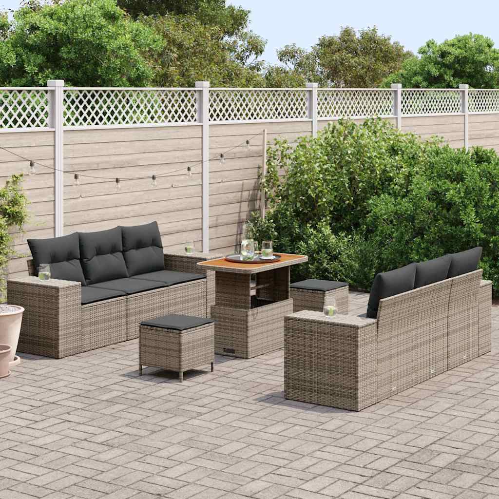 Gartensofa-set mit Kissen mit Speicher 9 pcs Grau Poly Rattan