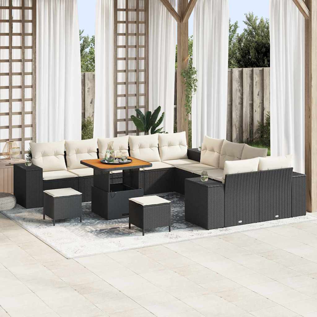 Gartensofa-set mit Kissen 13 pcs Schwarz und Creme Poly-Rattan
