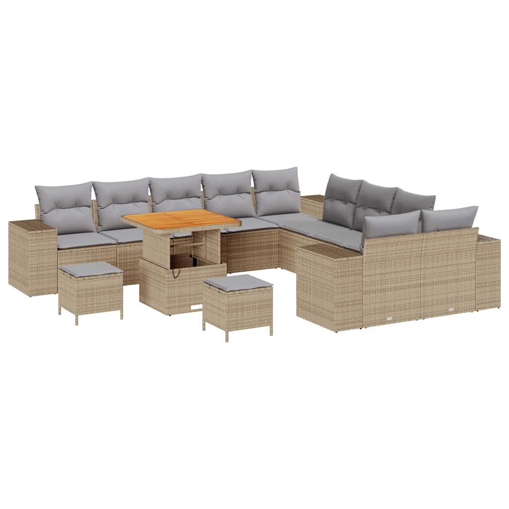 Gartensofa-set mit Kissen 13 pcs Beige und Hellgrau Poly-Rattan