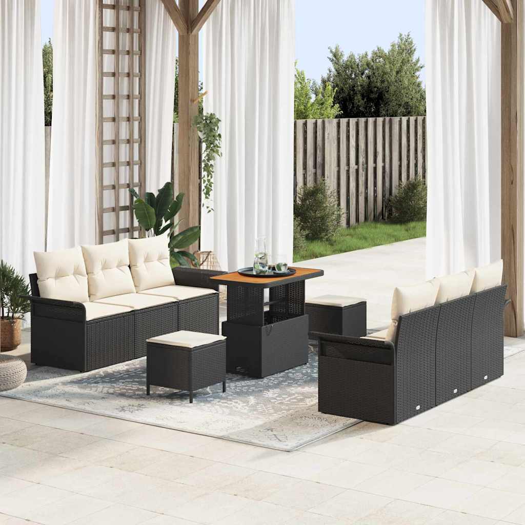 Garten-Sofa-Set mit Kissen mit Speicher 9 pcs Schwarz und Creme