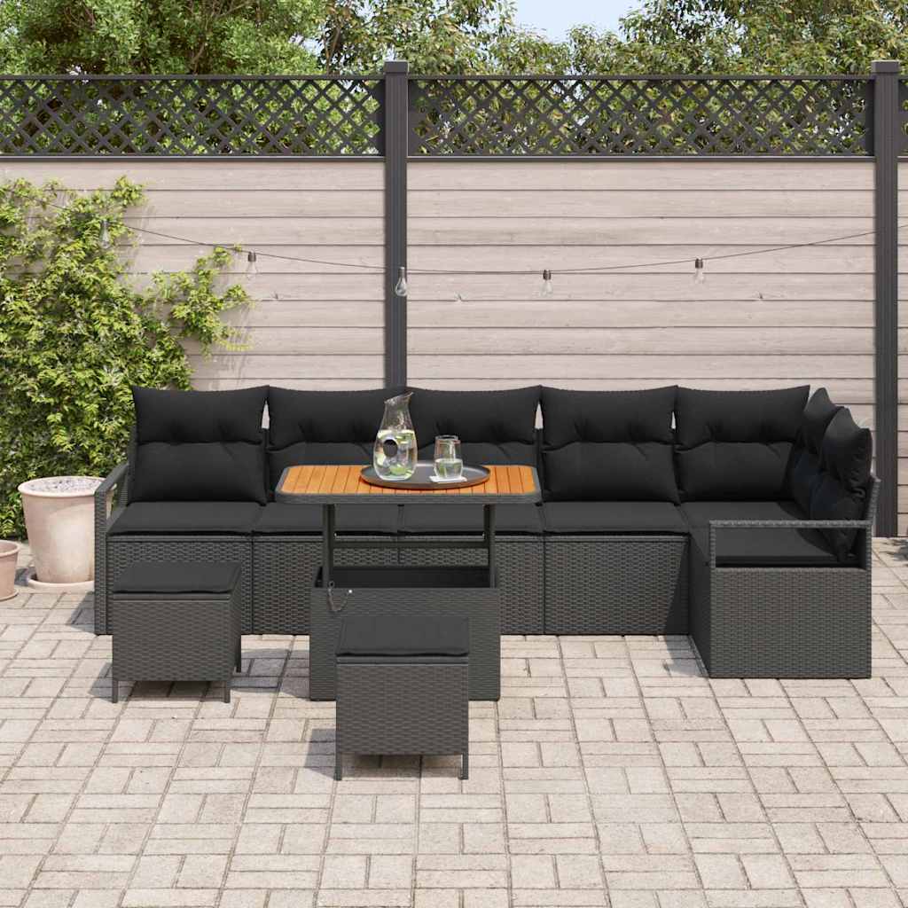 Garten-Sofa-Set mit Kissen mit Speicher 9 pcs Schwarz