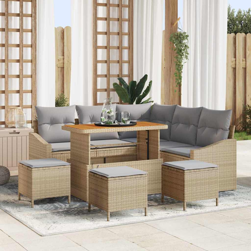 Gartensofa-set mit Kissen mit Speicher 9 pcs Beige Poly Rattan