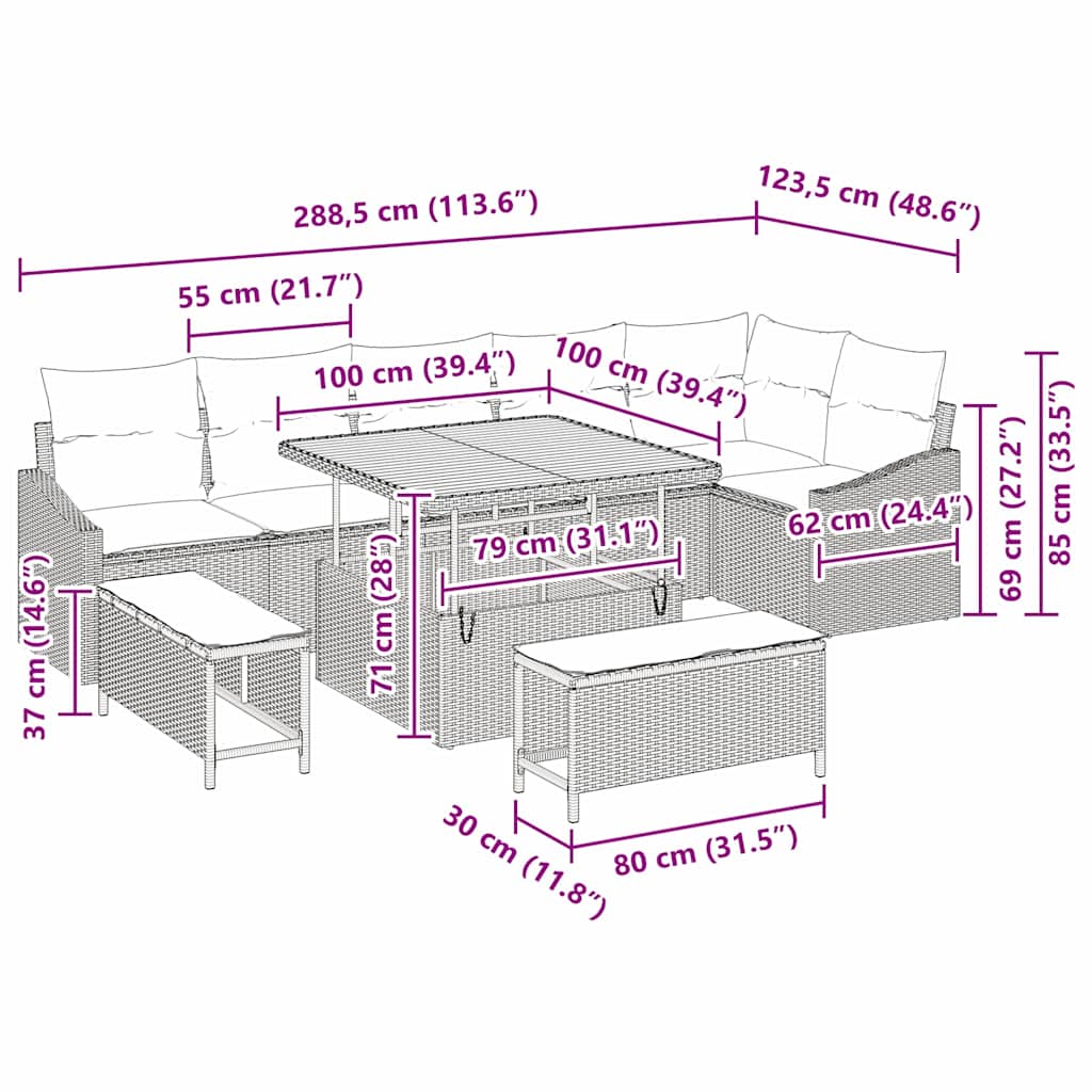 Gartensofa-set mit Kissen 9 pcs Schwarz Poly Rattan