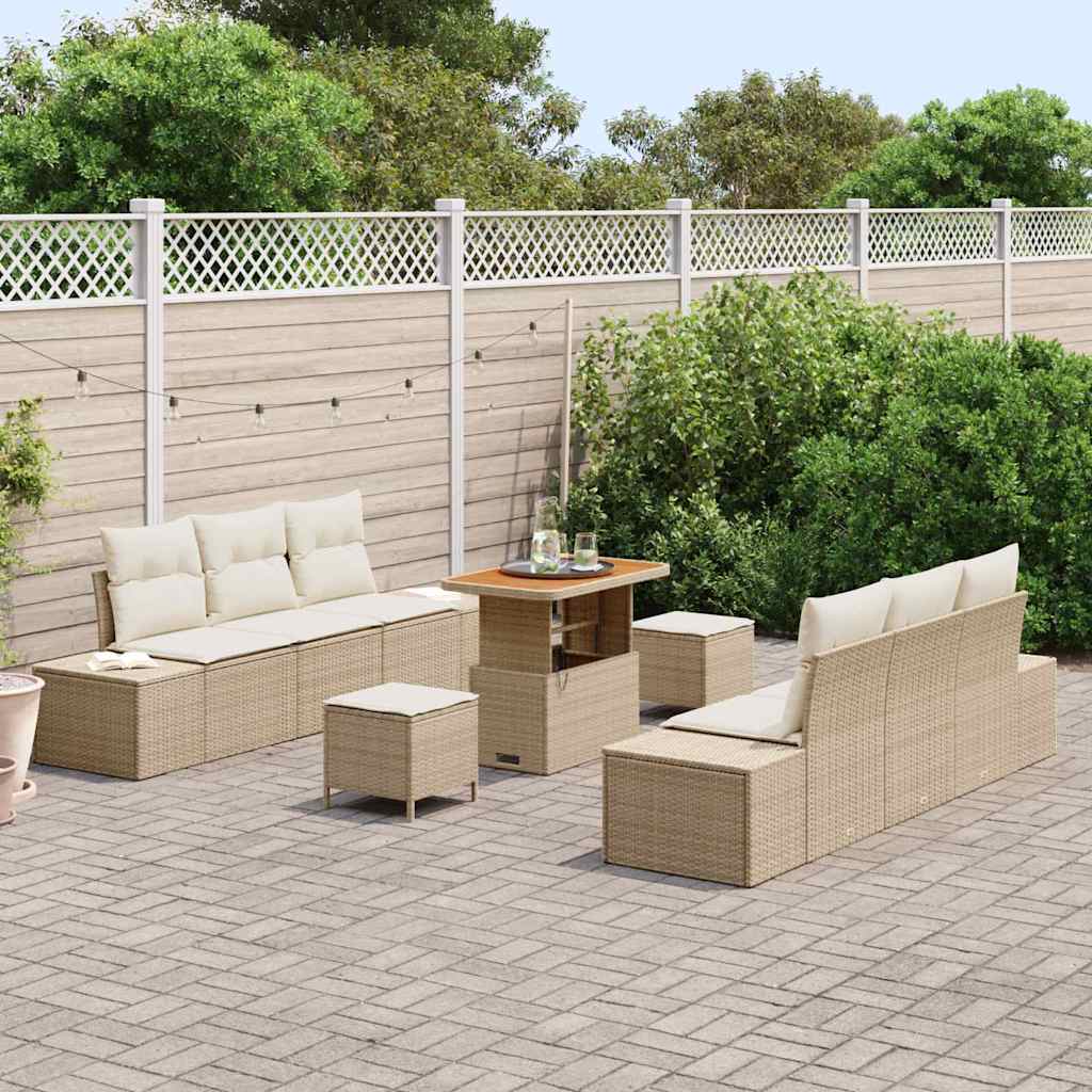 Gartensofa-set mit Kissen mit Speicher 9 pcs Beige Poly Rattan