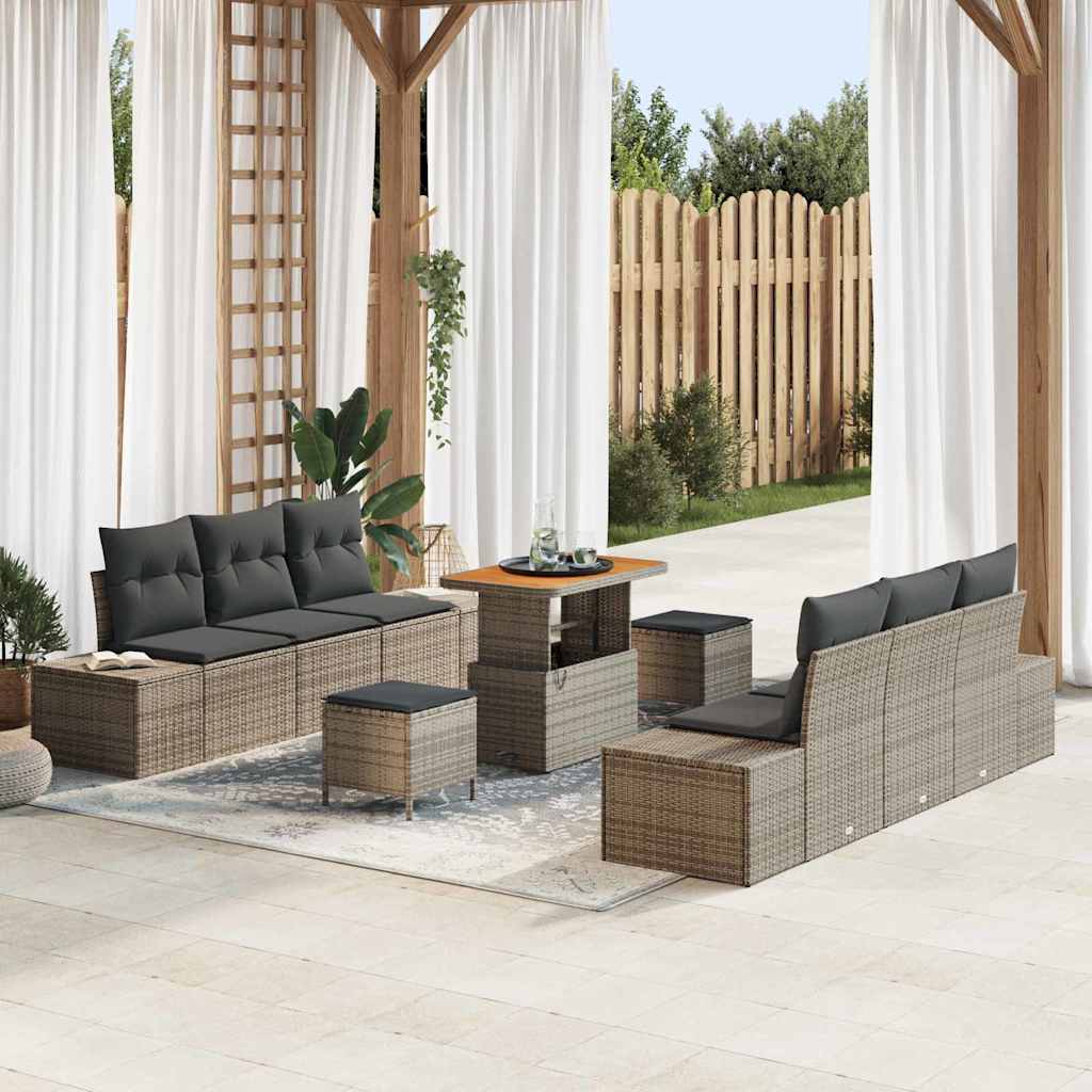Gartensofa-set mit Kissen mit Speicher 9 pcs Grau Poly Rattan