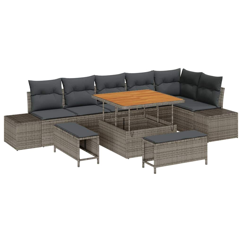 Gartensofa-set mit Kissen mit Speicher 9 pcs Grau Poly Rattan