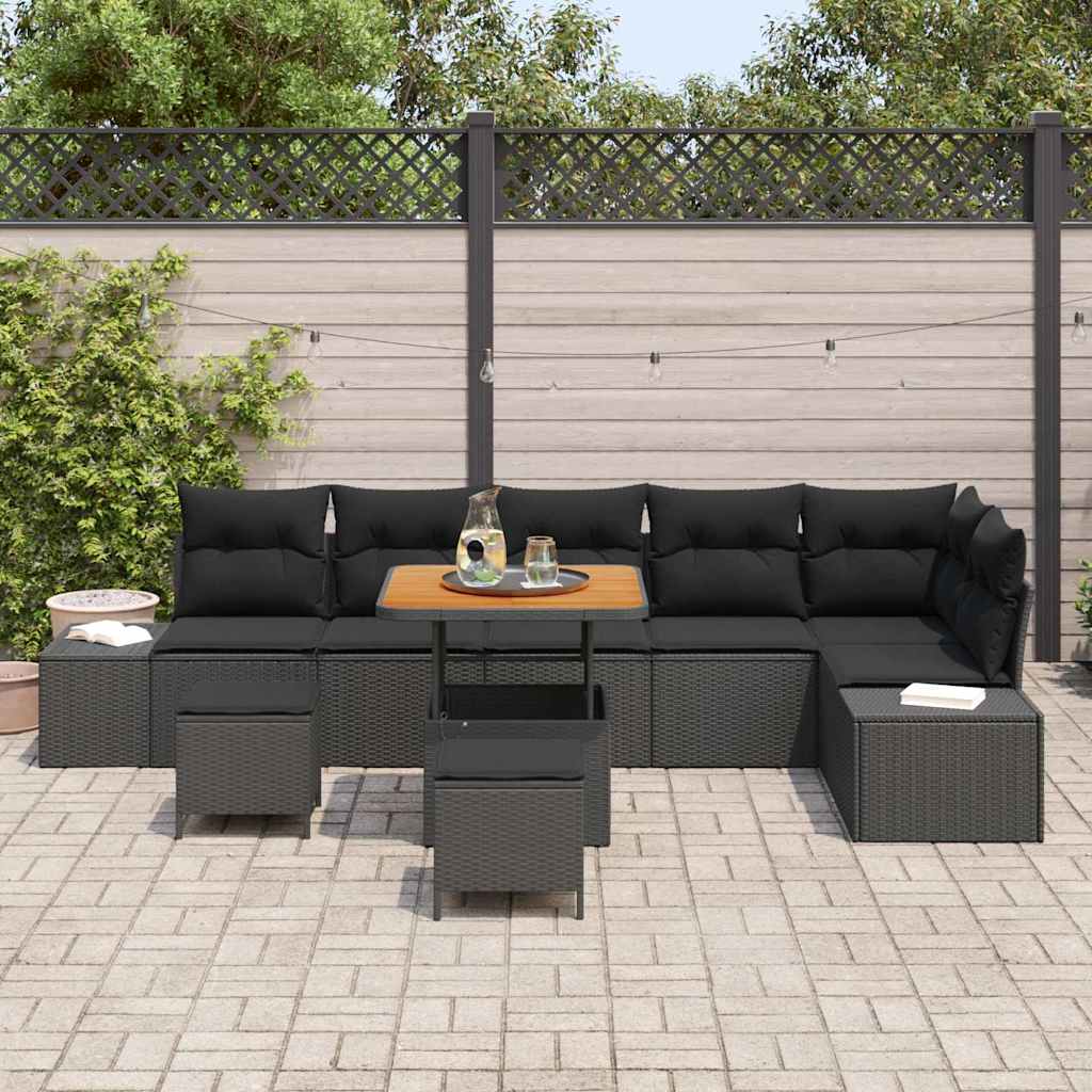 Gartensofa-set mit Kissen 9 pcs Schwarz Poly Rattan