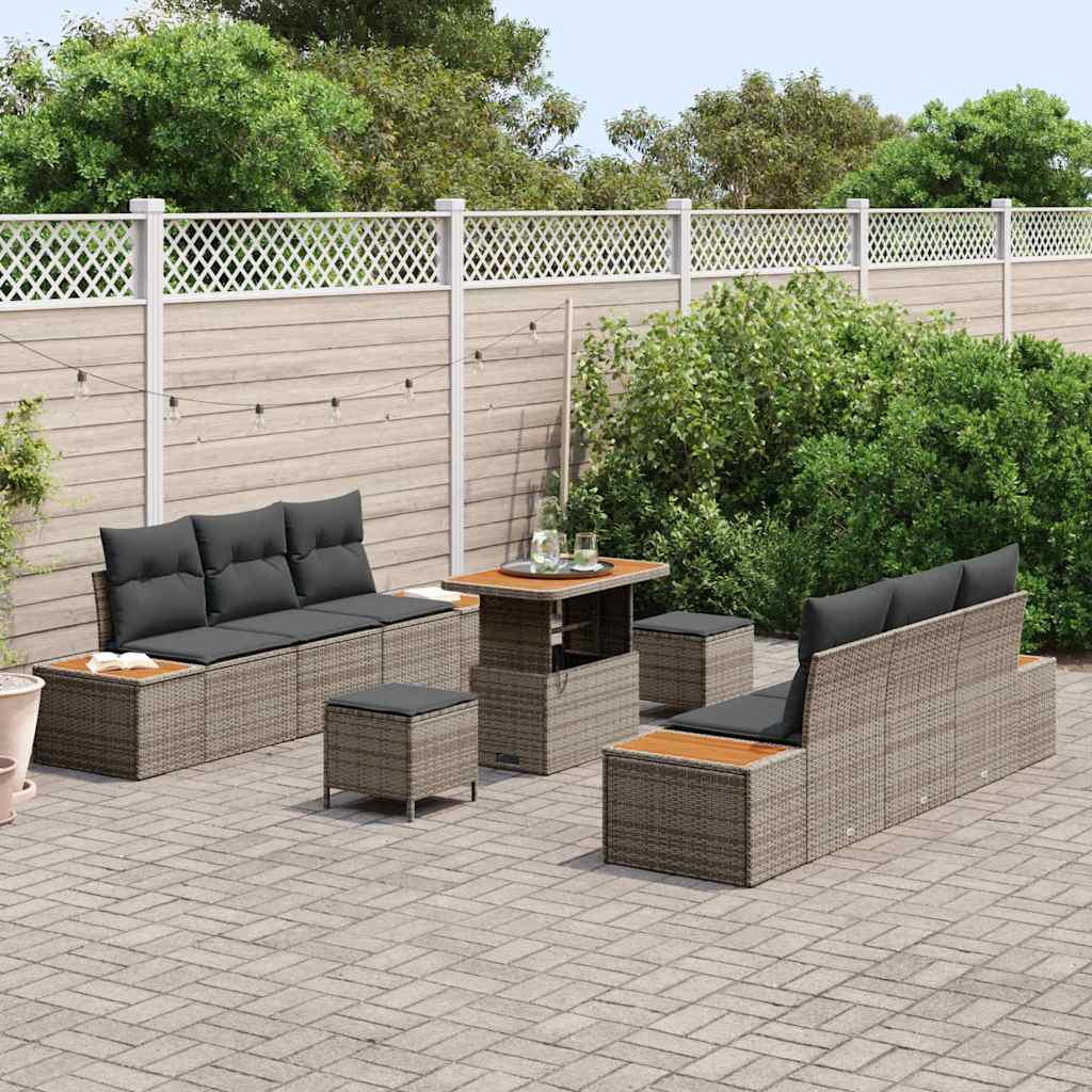 Gartensofa-set mit Kissen mit Speicher 9 pcs Grau Poly Rattan