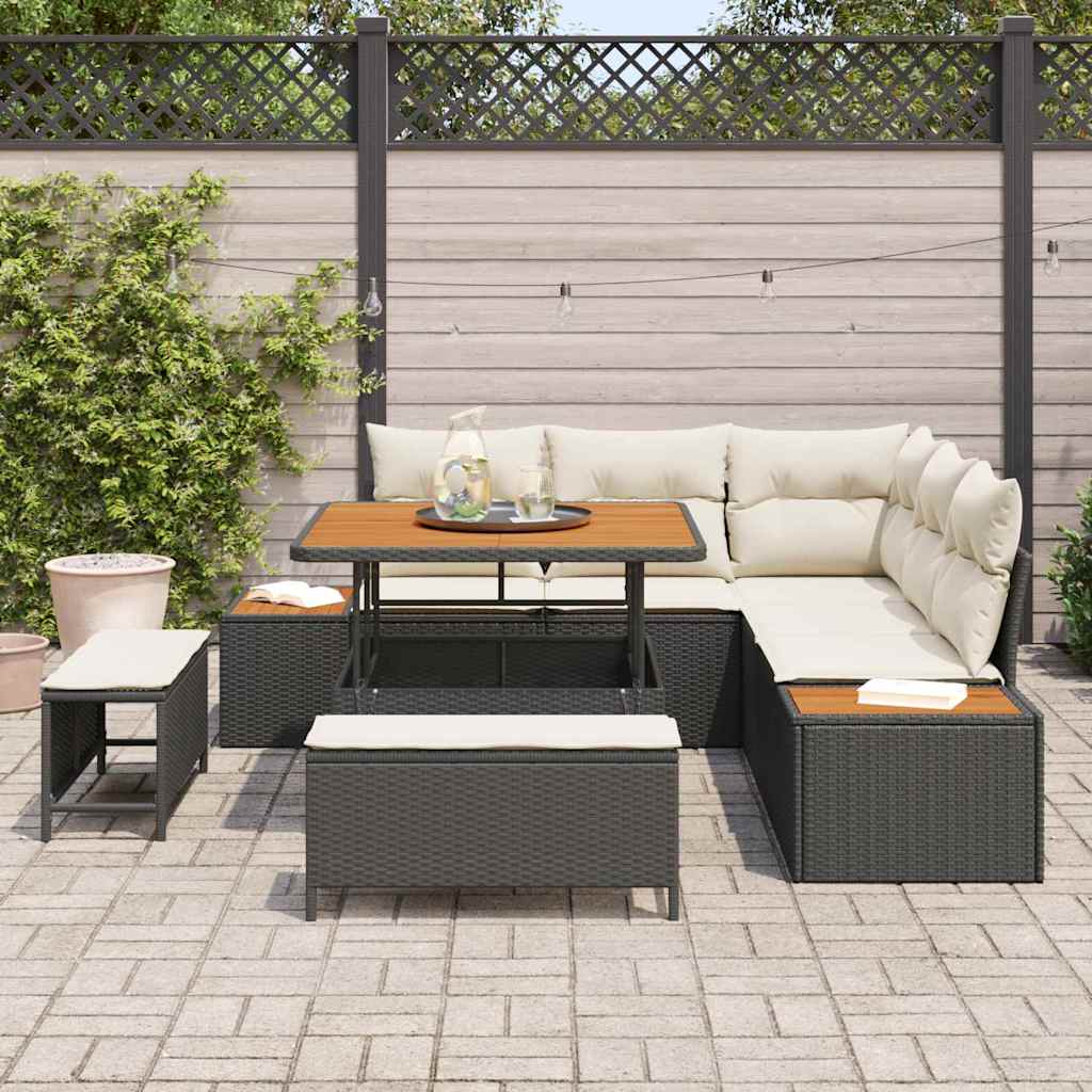 Gartensofa-set mit Kissen 8 pcs Schwarz Poly Rattan