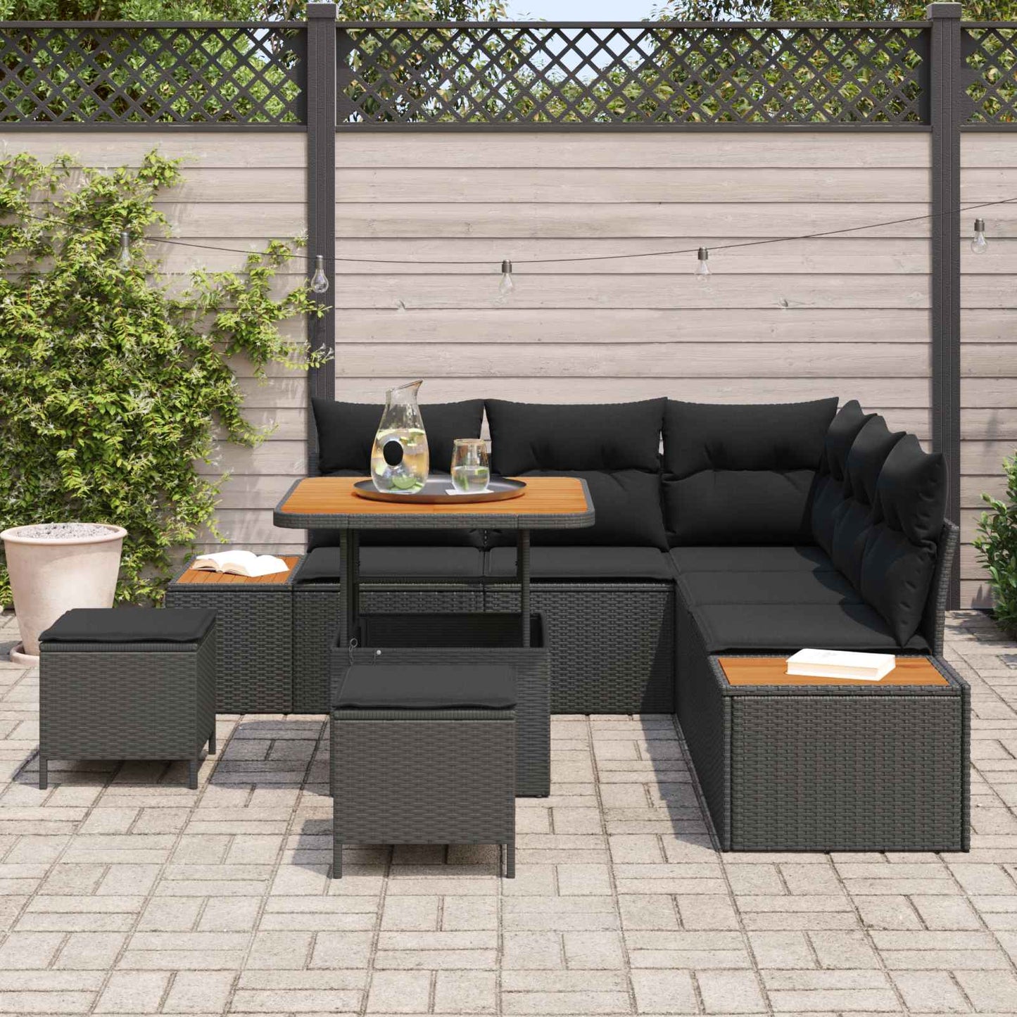 Gartensofa-set mit Kissen 8 pcs Schwarz Poly Rattan