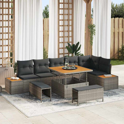 Gartensofa-set mit Kissen mit Speicher 9 pcs Grau Poly Rattan