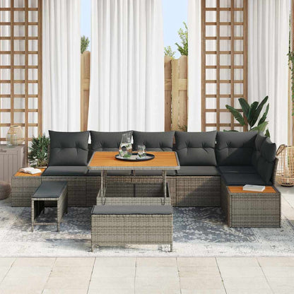 Gartensofa-set mit Kissen mit Speicher 9 pcs Grau Poly Rattan