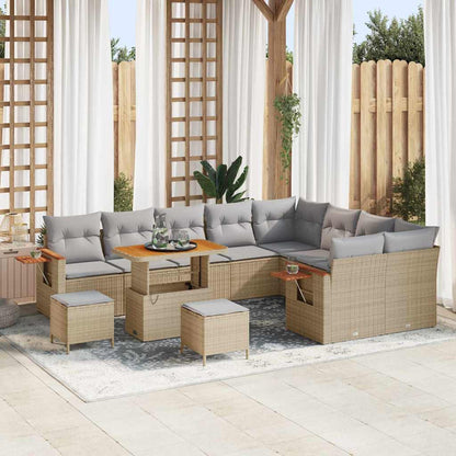 Gartensofa-set mit Kissen 13 pcs Beige und Hellgrau Poly-Rattan