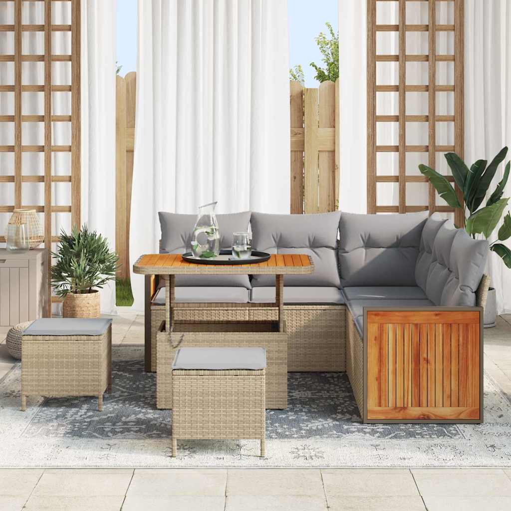 Gartensofa-set mit Kissen 9 pcs Beige und Hellgrau Poly-Rattan