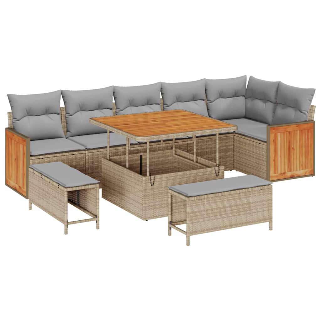 Gartensofa-set mit Kissen 11 pcs Beige und Hellgrau Poly-Rattan