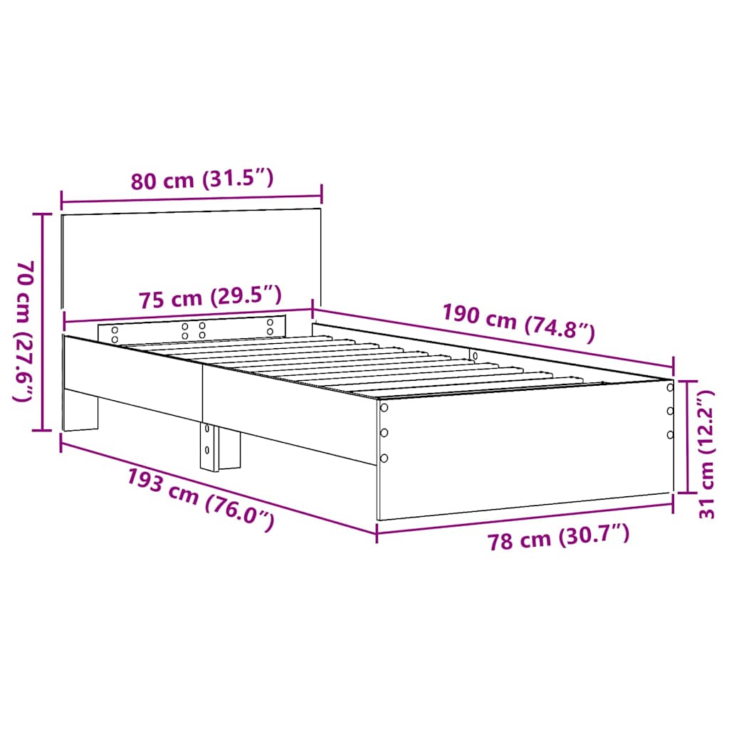 Bettrahmen mit Kopfteil Altholz 75 x 190 cm Holzwerkstoff