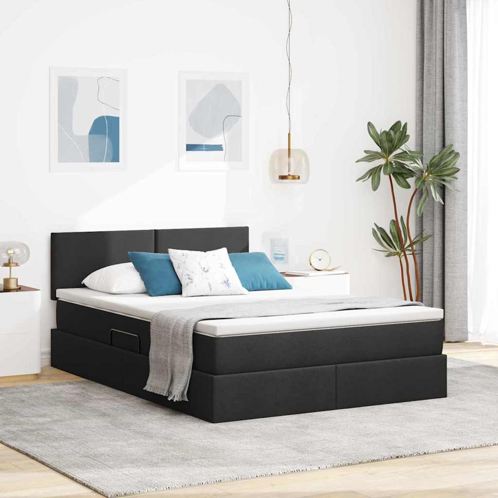 Bett mit Stauraum und LED mit LED Schwarz 140 x 190 cm Stoff