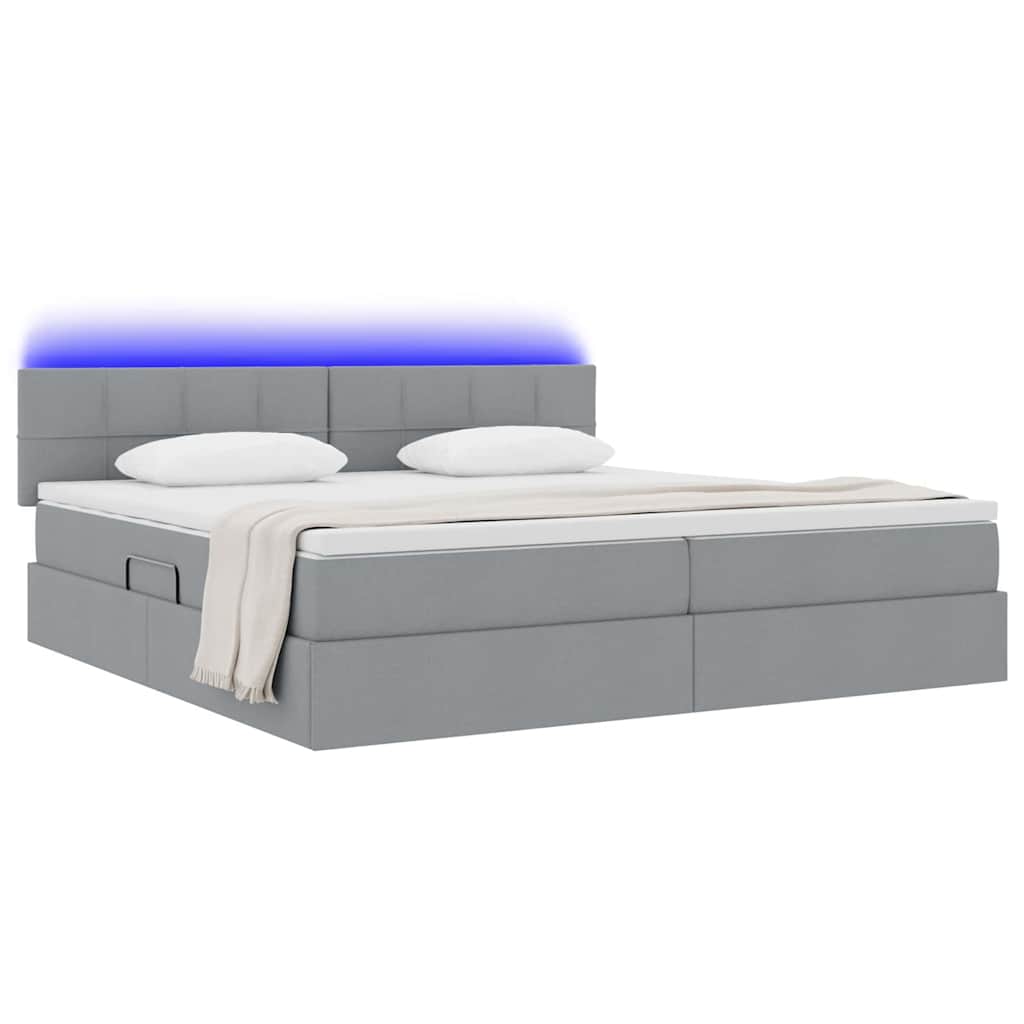 Bett mit Stauraum und LED mit LED Hellgrau 200 x 200 cm Stoff