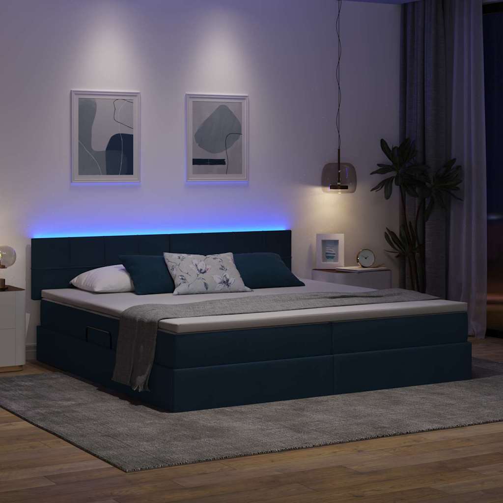 Bett mit Stauraum und LED mit Matratze Blau 200 x 200 cm Stoff