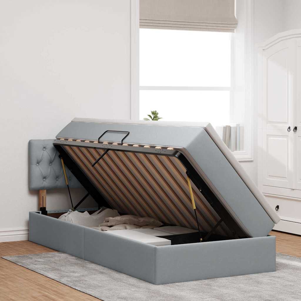 Bett mit Stauraum und LED mit LED Hellgrau 90 x 190 cm Stoff