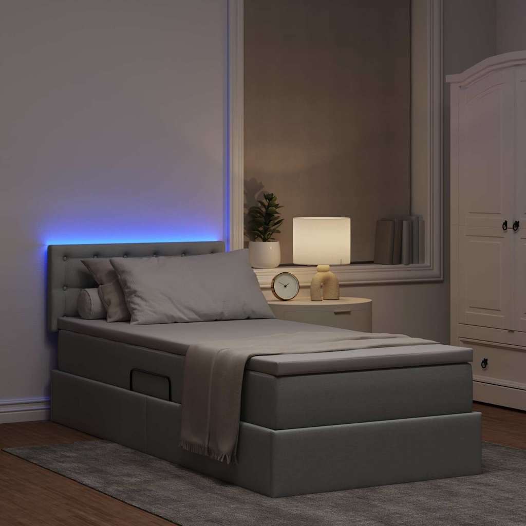 Bett mit Stauraum und LED mit LED Hellgrau 100 x 200 cm Stoff