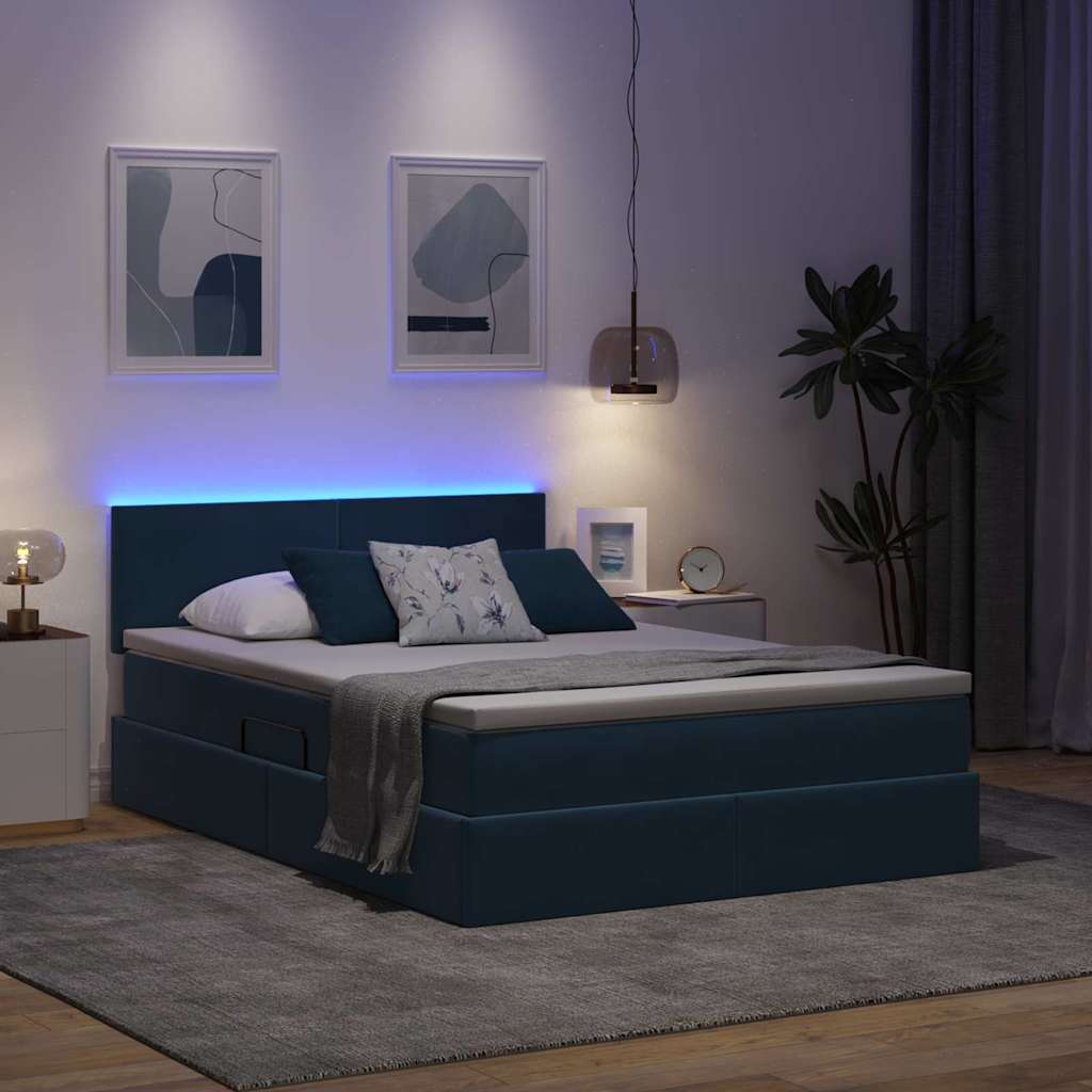 Bett mit Stauraum und LED mit LED Dunkelblau 140 x 200 cm Samt