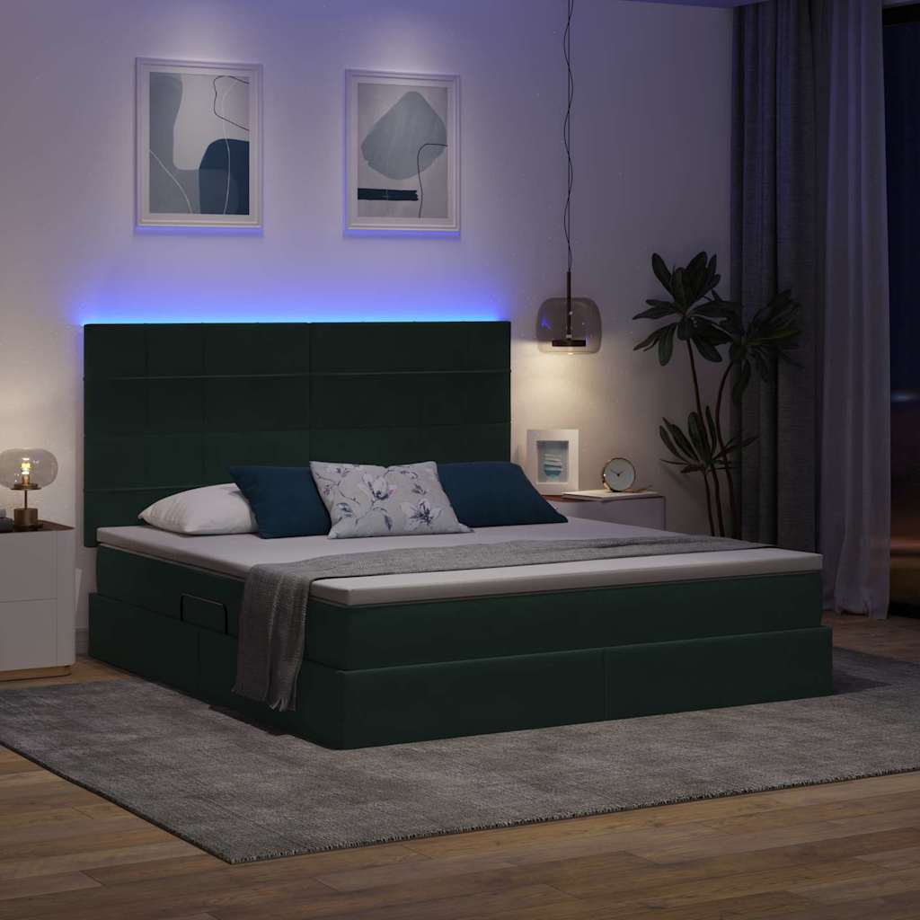 Bett mit Stauraum und LED mit LED Dunkelgrün 180 x 200 cm Samt
