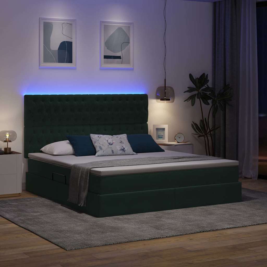 Bett mit Stauraum und LED mit LED Dunkelgrün 160 x 200 cm Samt