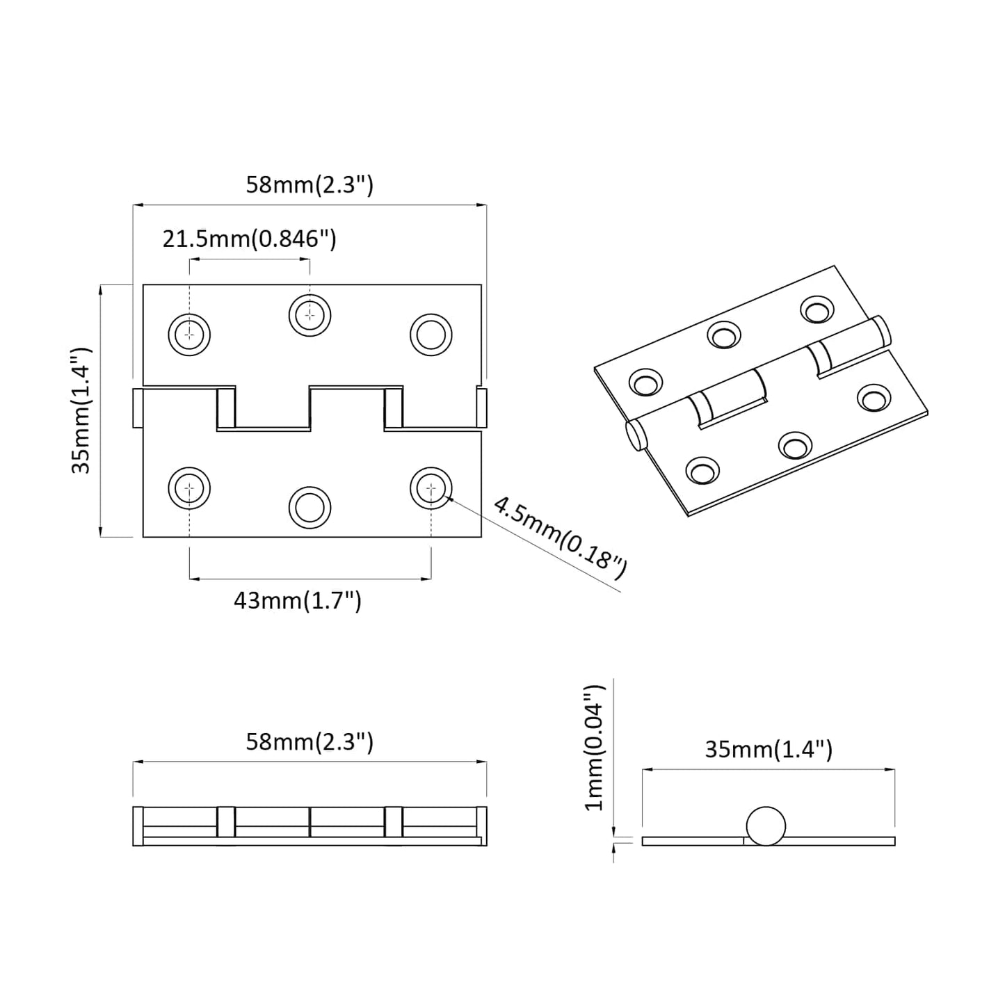 Scharnier Uni 2 pcs Silber 58 x 35 x 1 mm Stahl