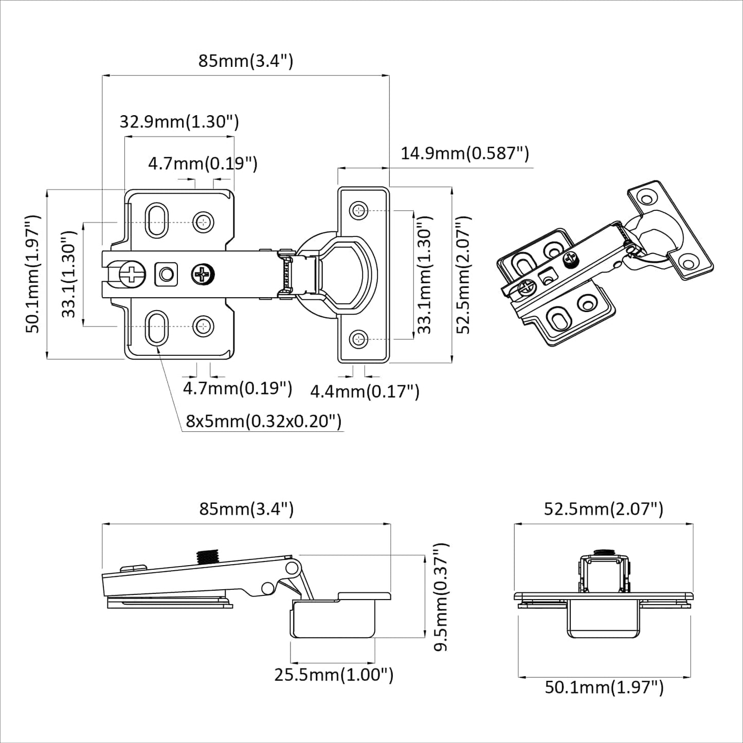 Scharnier 2 pcs Nickel 85 x 52,5 x 9,5 mm Eisen