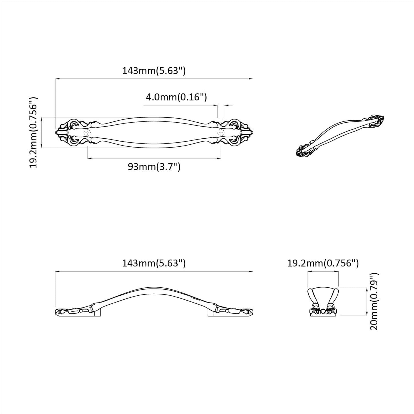 Griff 12 pcs Schwarz 143 x 19,2 x 20 mm Zinklegierung