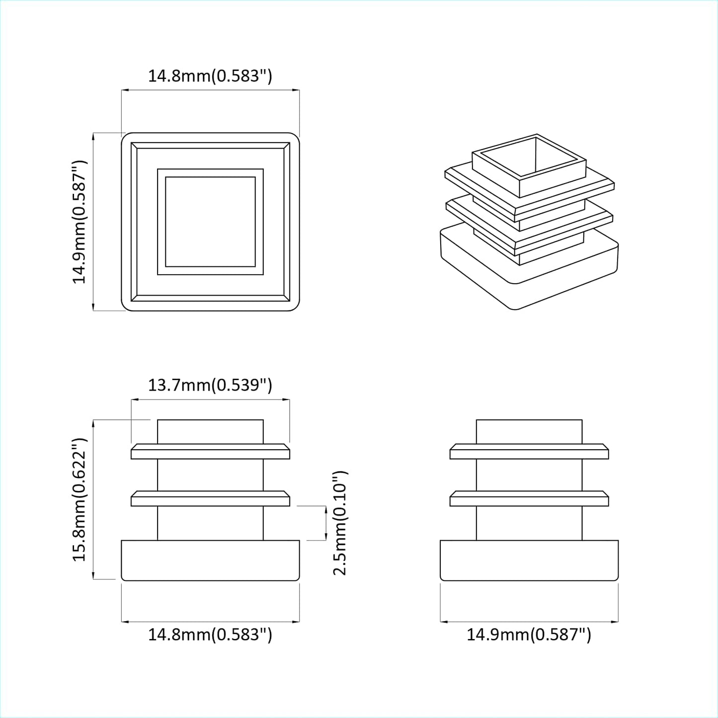 Endkappen 2 pcs Schwarz 15 x 15 x 15 mm PP