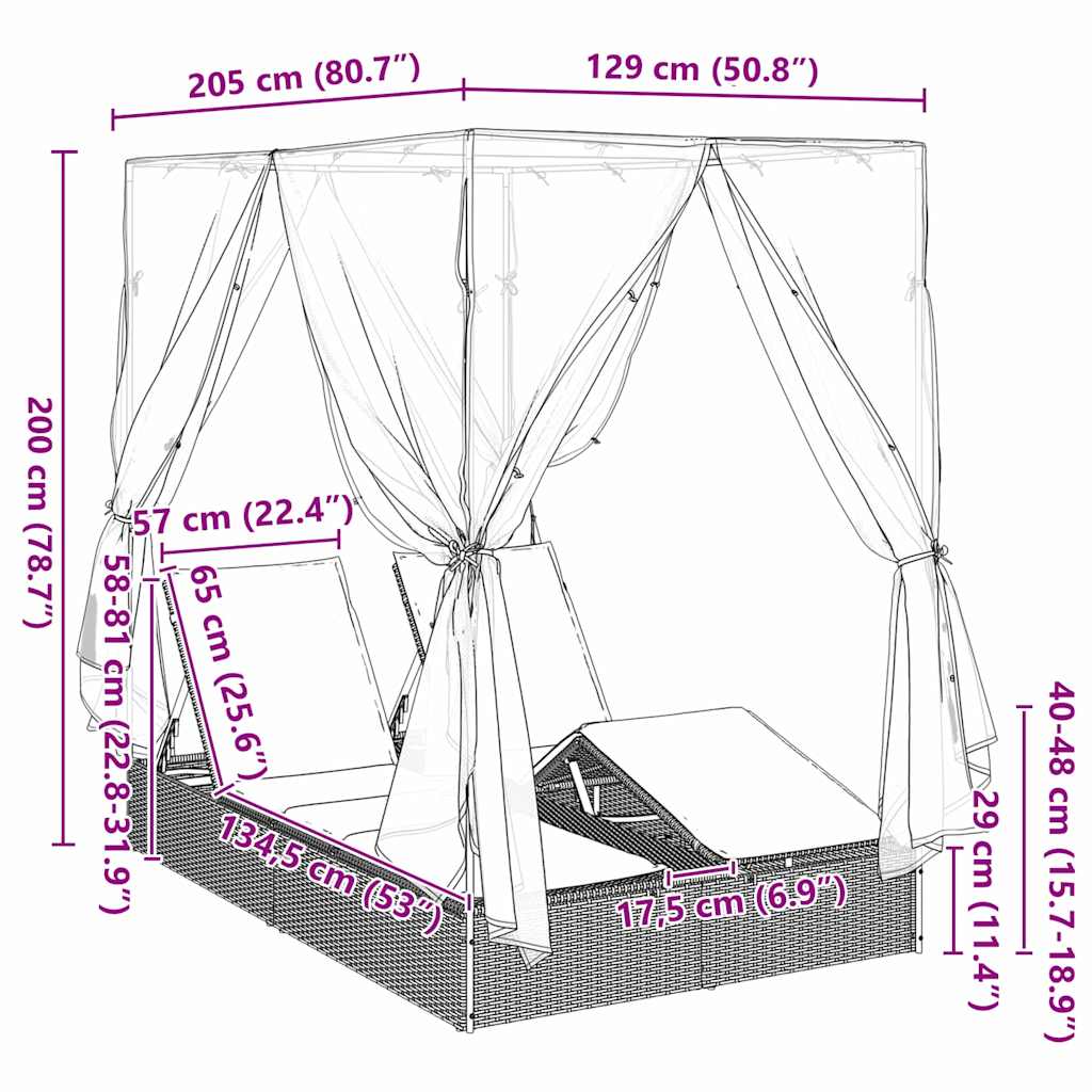 Doppelte Sonnenliege Grau 205 x 129 x 200 cm Poly-Rattan