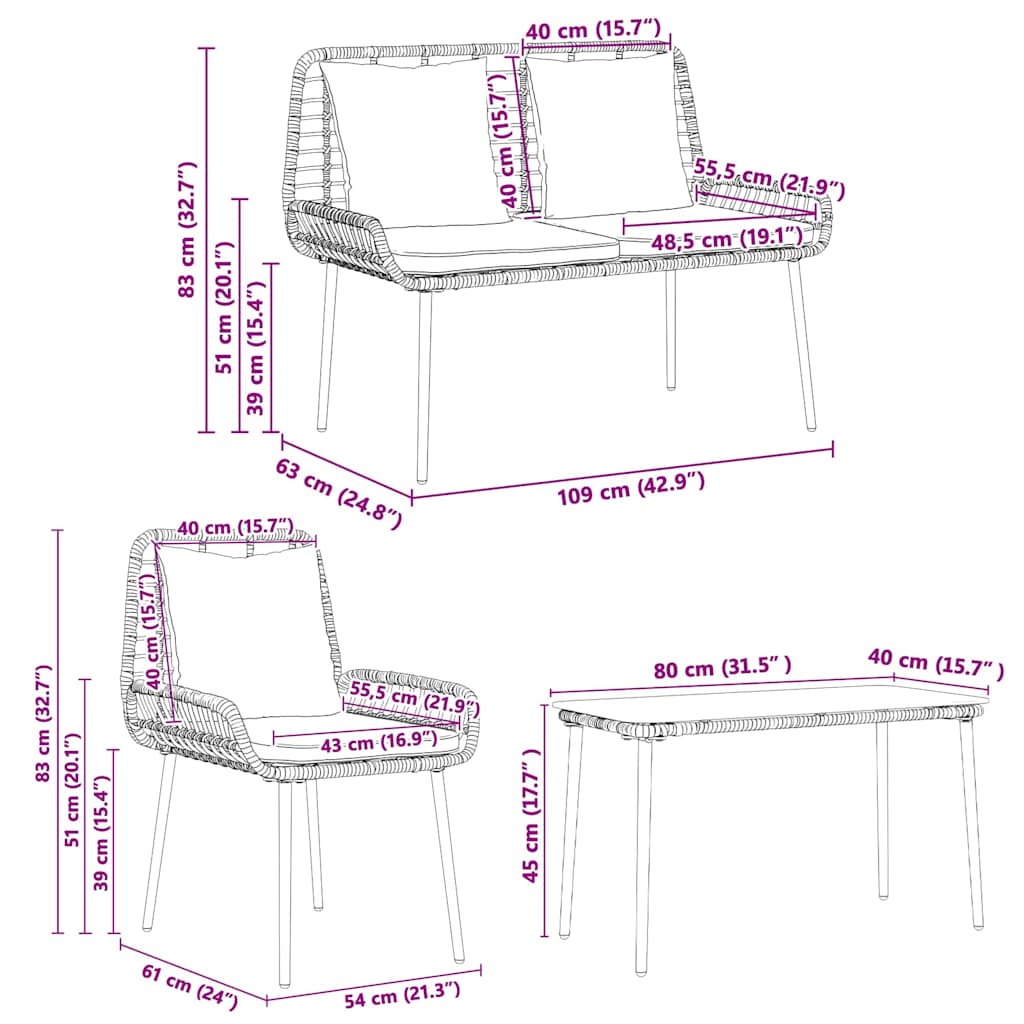 Gartenmöbel Set mit Kissen 4 pcs Schwarz und Creme Poly-Rattan