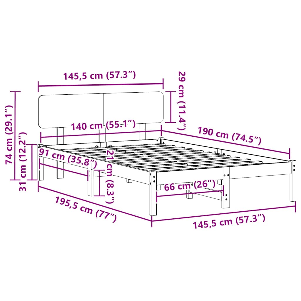Bettrahmen mit Kopfteil Weiß 140 x 190 cm Massives Kiefernholz