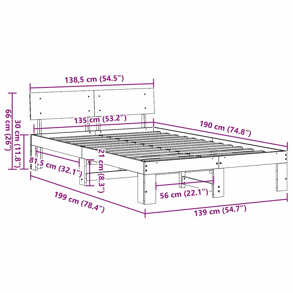 Bettrahmen Wachsbraun 135 x 190 cm Massives Kiefernholz