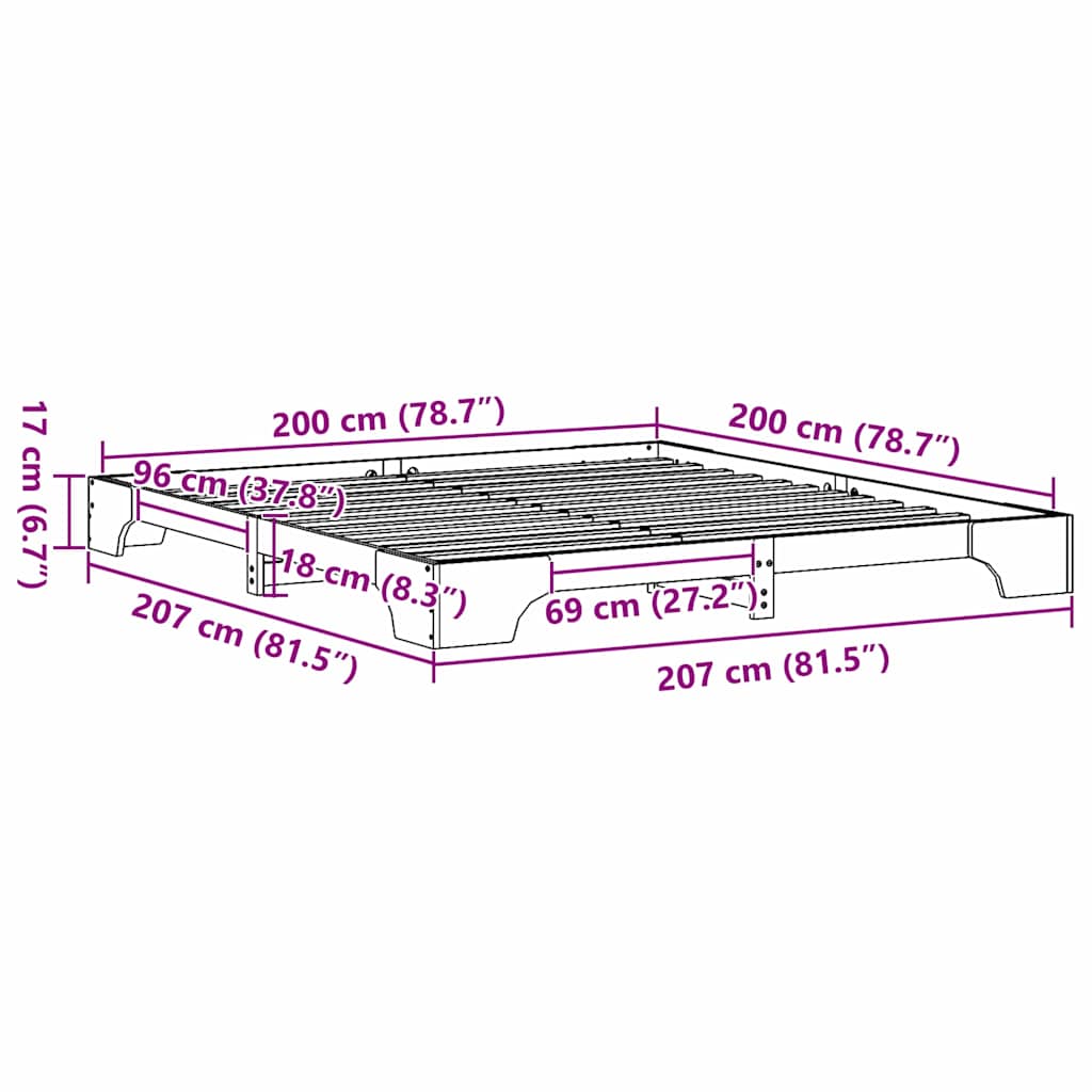 Bettrahmen Natur 200 x 200 cm Massives Kiefernholz