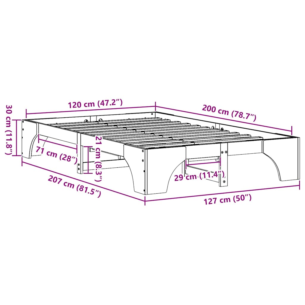 Bettrahmen Natur 120 x 200 cm Massives Kiefernholz