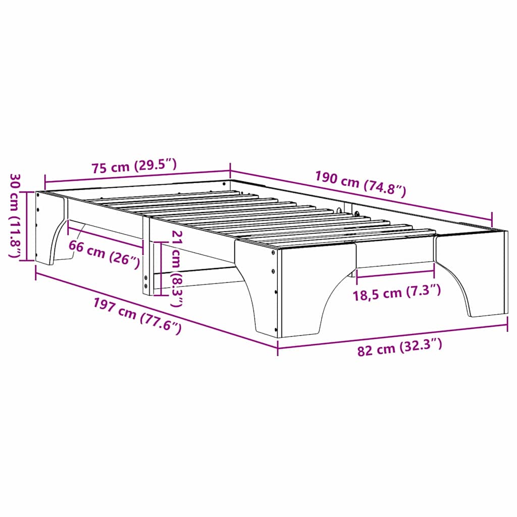 Bettrahmen Natur 75 x 190 cm Massives Kiefernholz
