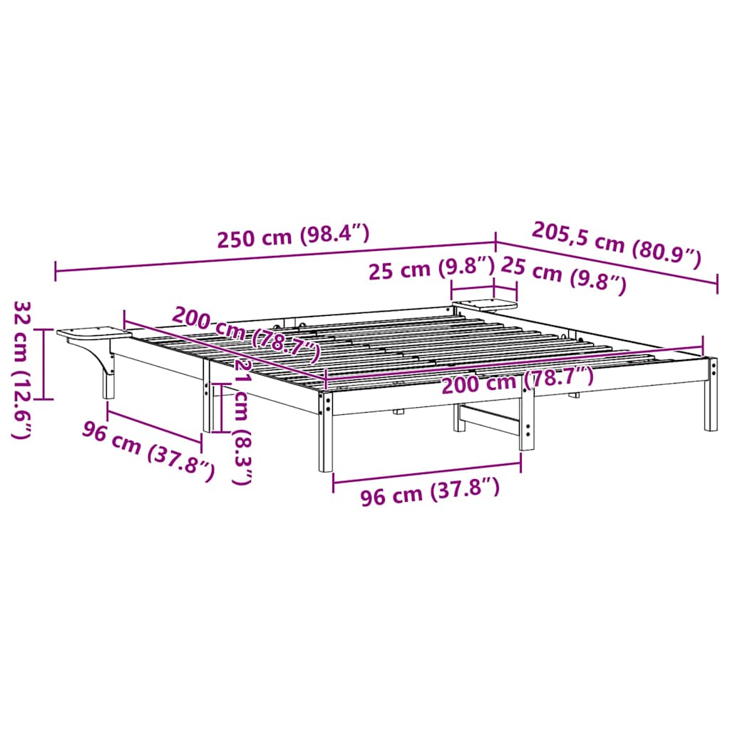 Bettrahmen Natur 200 x 200 cm Massives Kiefernholz