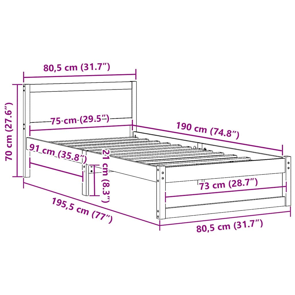Bettrahmen Wachsbraun 75 x 190 cm Massives Kiefernholz