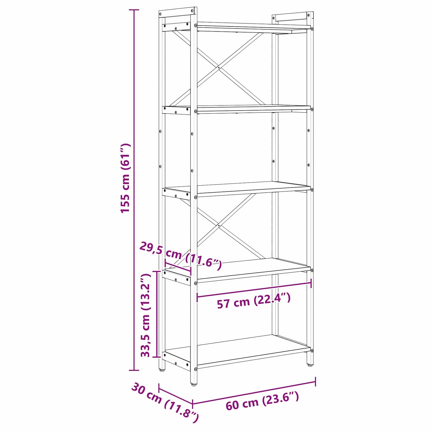 Bücherregal Geräucherte Eiche 60 x 30 x 155 cm Holzwerkstoff