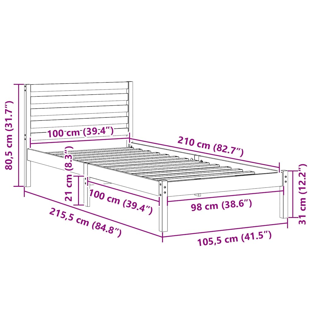 Bettrahmen Wachsbraun 100 x 210 cm Massives Kiefernholz