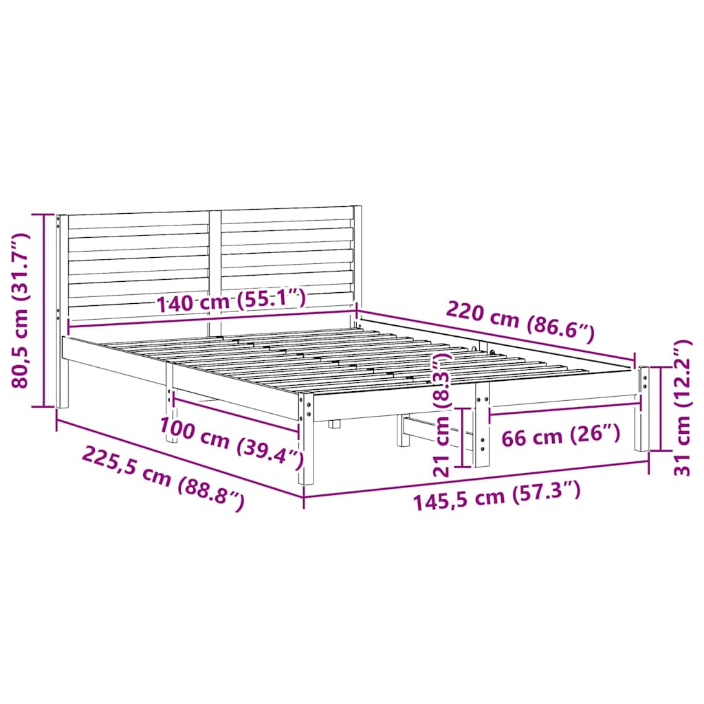 Bettrahmen Wachsbraun 140 x 220 cm Massives Kiefernholz