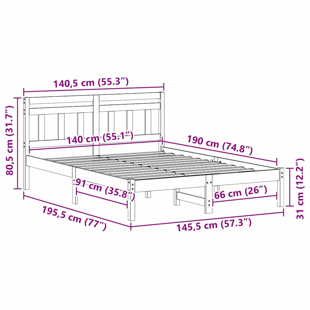 Bettrahmen Braun 140 x 190 cm Massives Kiefernholz